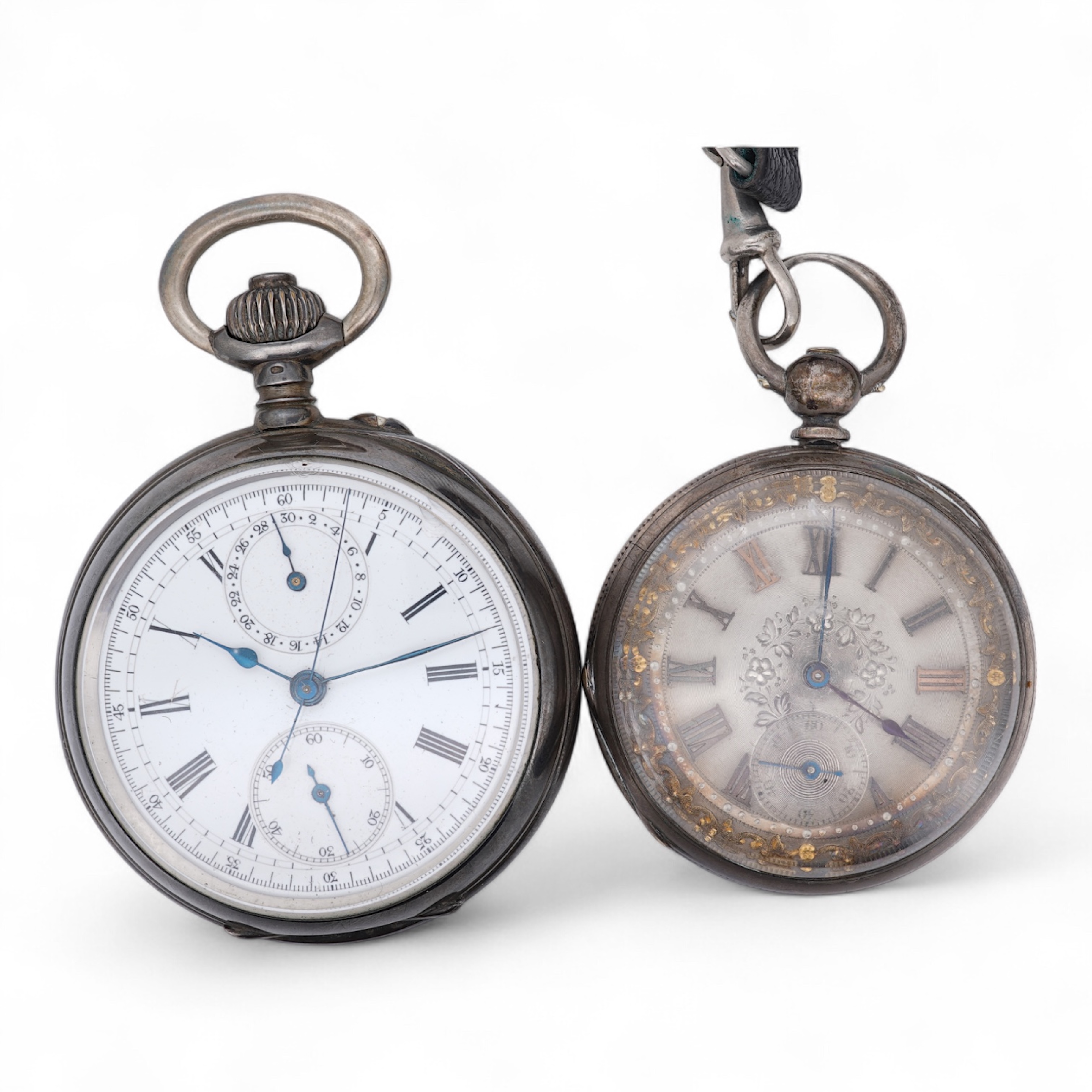 An early 20th century continental 800 standard white metal open faced chronograph pocket watch, with Roman numerals and two subsidiary dials, case diameter 50mm, together with a similar smaller white metal open faced poc